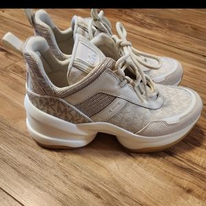 Michael Korse Olympia Logo Jacquard and Glitter Chain-Mesh Trainer.